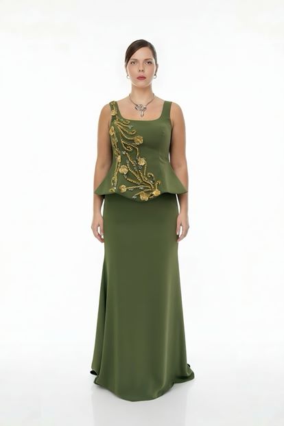 فستان سهرة كاكي بحمالات رفيعة، مقاس كبير